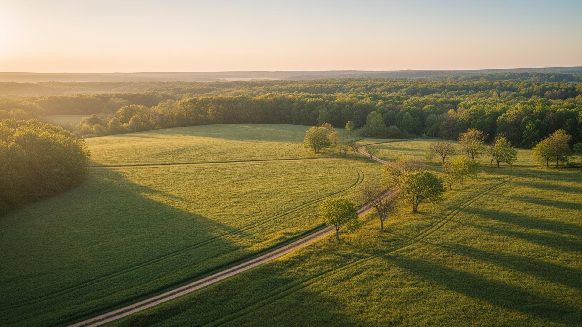 Aerial view of open green land at golden hour
